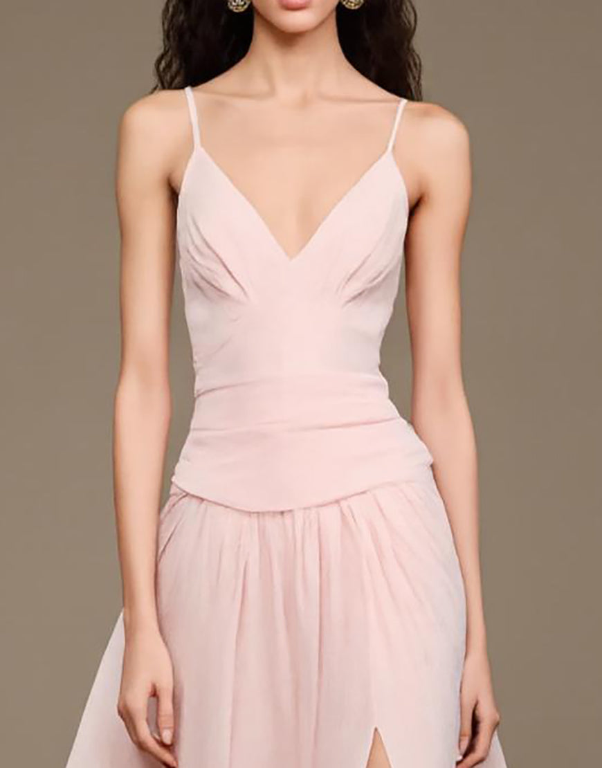 Robe de bal longue rose clair à col en V avec fente