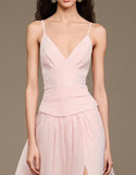 Robe de bal longue rose clair à col en V avec fente
