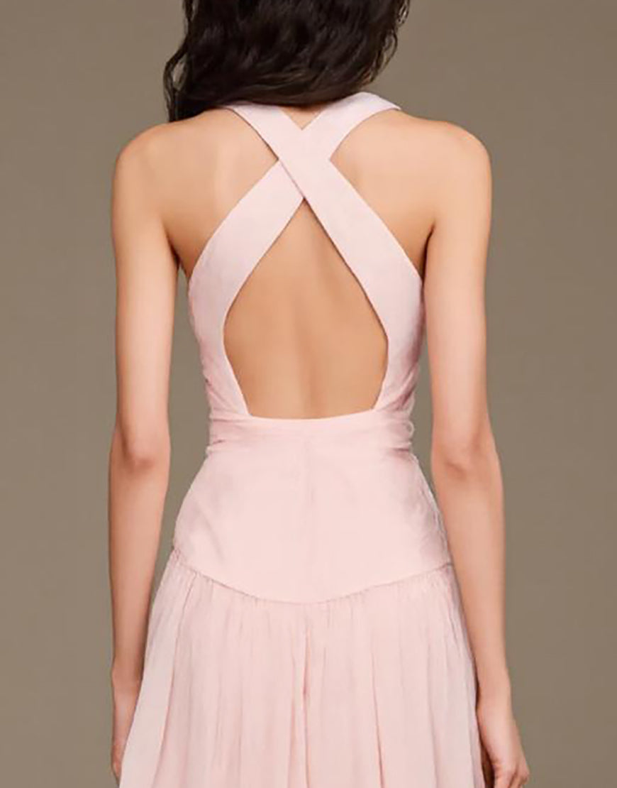 Robe de bal longue rose clair à col en V avec fente