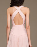 Robe de bal longue rose clair à col en V avec fente
