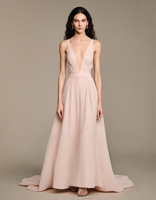 Robe de soirée trapèze rose clair à col en V