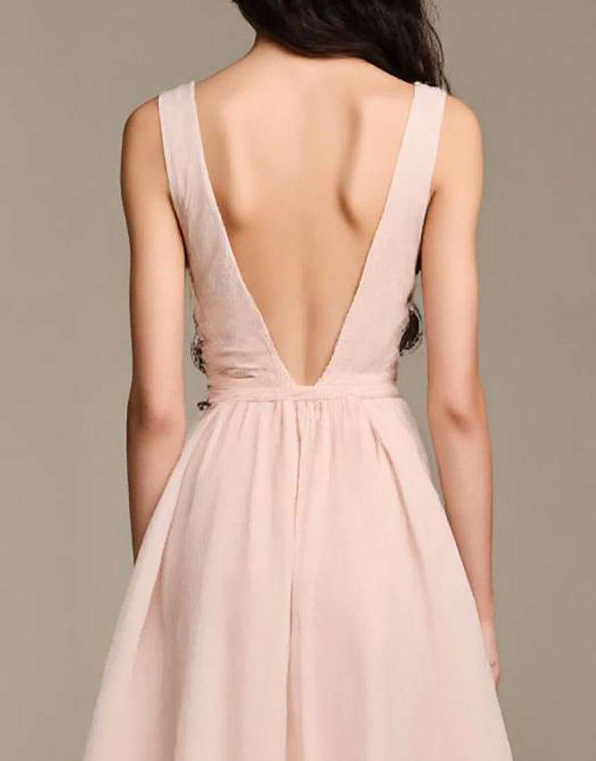 Robe de soirée trapèze rose clair à col en V