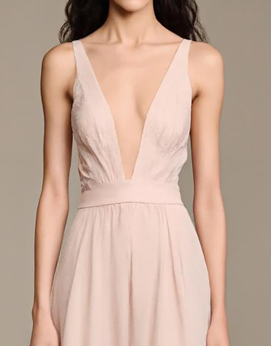 Robe de soirée trapèze rose clair à col en V
