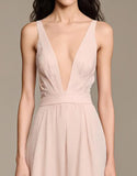 Robe de soirée trapèze rose clair à col en V