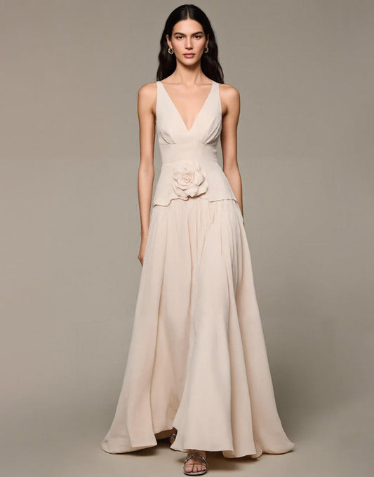 Robe de soirée longue trapèze à col en V abricot avec fleurs 3D
