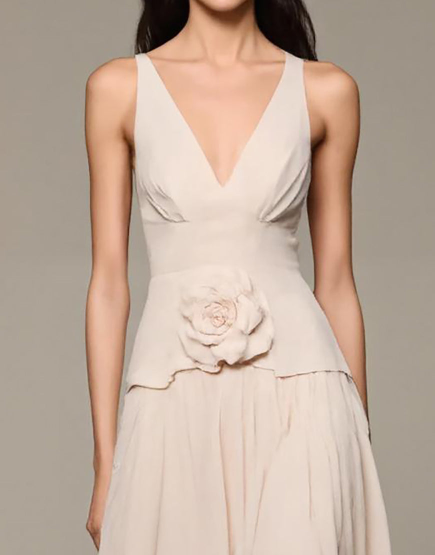 Robe de soirée longue trapèze à col en V abricot avec fleurs 3D