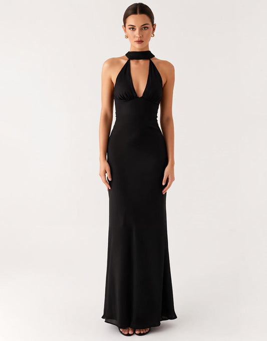 Robe longue noire gaine dos nu noire
