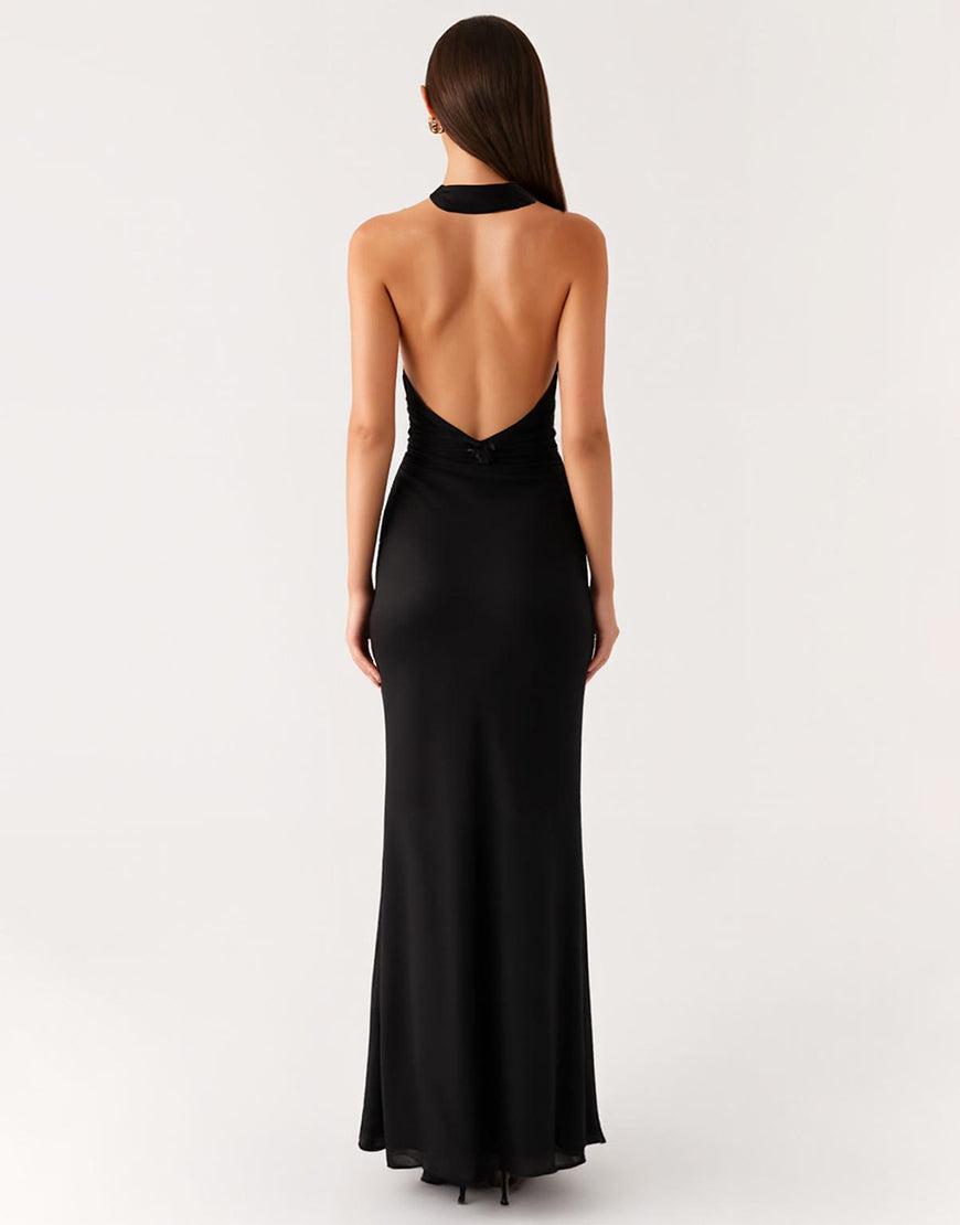 Robe longue noire gaine dos nu noire