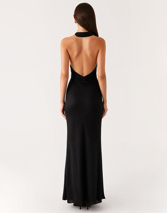 Robe longue noire gaine dos nu noire