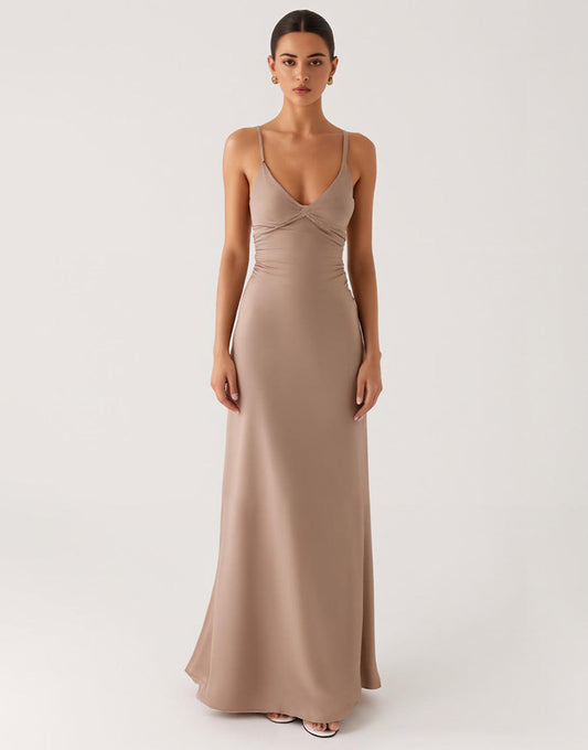 Robe de soirée simple fourreau abricot avec fente