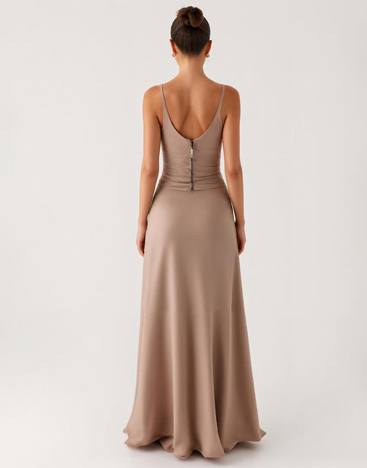 Robe de soirée simple fourreau abricot avec fente