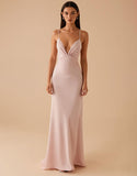 Robe de soirée longue en satin fourreau rose clair