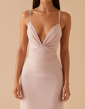Robe de soirée longue en satin fourreau rose clair
