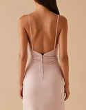 Robe de soirée longue en satin fourreau rose clair