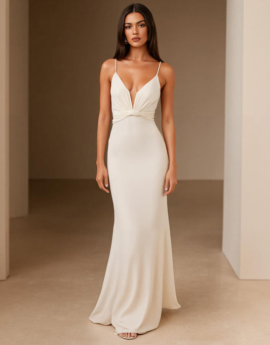 Robe de soirée sirène ivoire à bretelles spaghetti