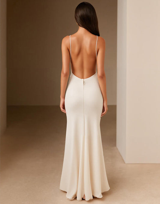 Robe de soirée sirène ivoire à bretelles spaghetti