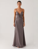 Robe de soirée fourreau en satin gris foncé