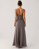 Robe de soirée fourreau en satin gris foncé