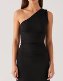 Robe de soirée noire fourreau une épaule