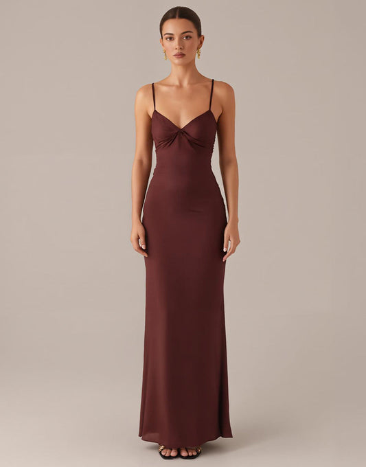 Robe de soirée fourreau à bretelles spaghetti marron