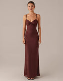 Robe de soirée fourreau à bretelles spaghetti marron