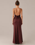 Robe de soirée fourreau à bretelles spaghetti marron