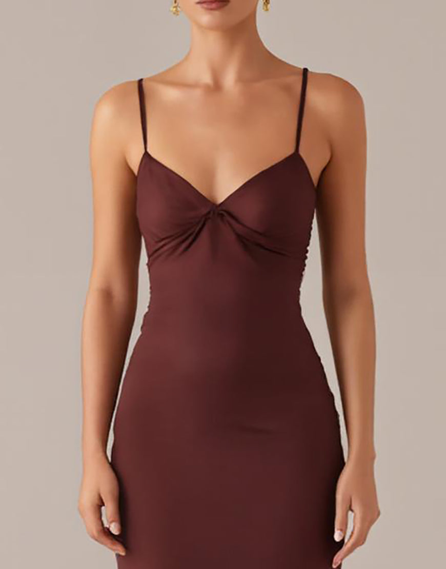 Robe de soirée fourreau à bretelles spaghetti marron