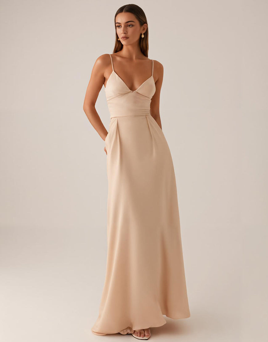 Robe de soirée en satin à bretelles spaghetti abricot