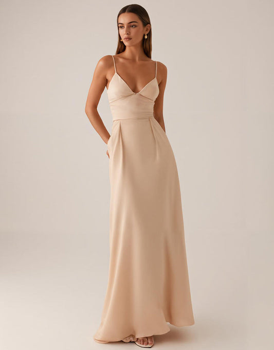 Robe de soirée en satin à bretelles spaghetti abricot