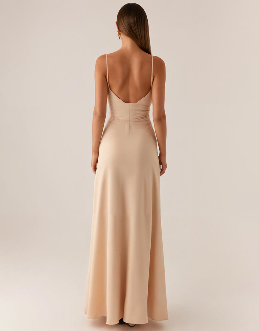 Robe de soirée en satin à bretelles spaghetti abricot