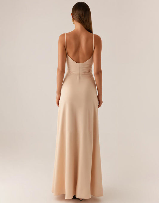 Robe de soirée en satin à bretelles spaghetti abricot