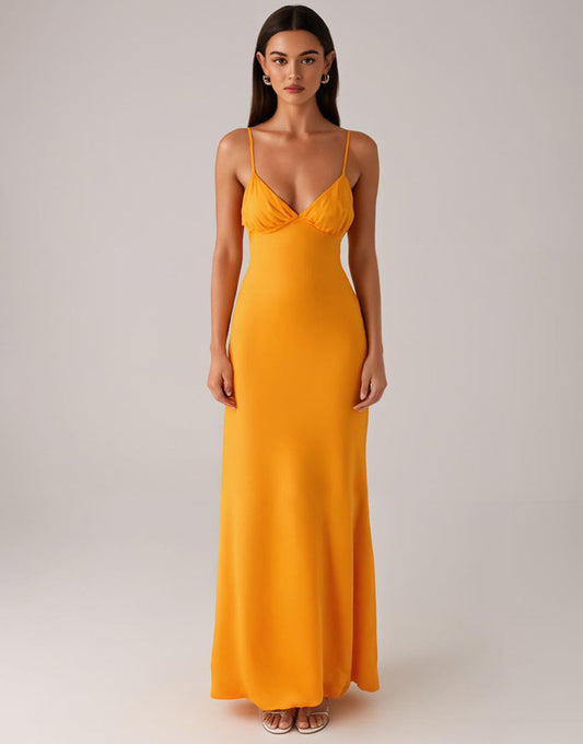 Robe de soirée fourreau à bretelles spaghetti jaunes