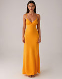 Robe de soirée fourreau à bretelles spaghetti jaunes