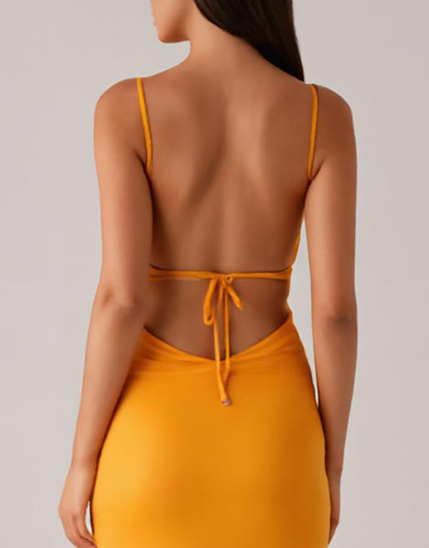 Robe de soirée fourreau à bretelles spaghetti jaunes