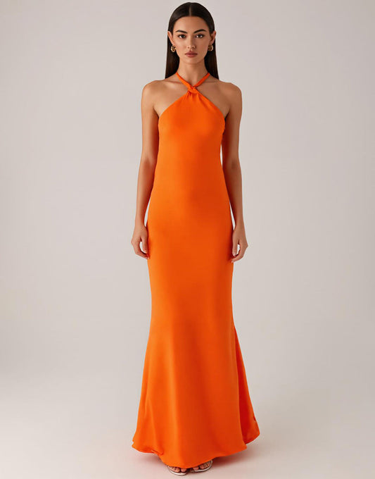 Robe de soirée dos nu fourreau orange dos nu