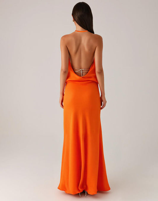 Robe de soirée dos nu fourreau orange dos nu