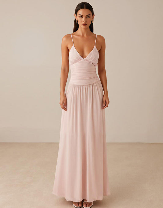 Robe de soirée en mousseline de soie à bretelles spaghetti roses