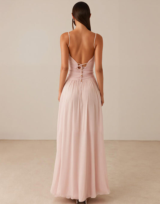 Robe de soirée en mousseline de soie à bretelles spaghetti roses