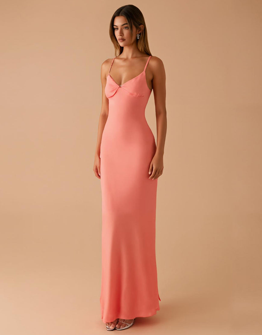 Robe de soirée fourreau à bretelles spaghetti rose