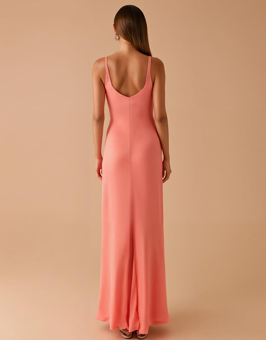 Robe de soirée fourreau à bretelles spaghetti rose