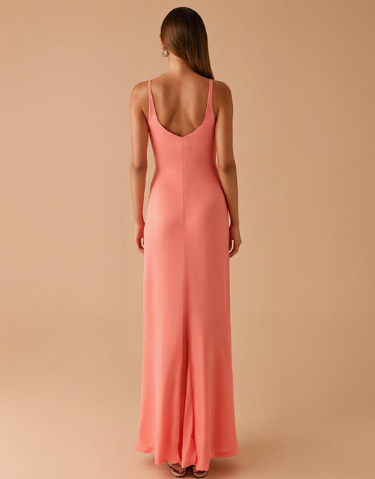 Robe de soirée fourreau à bretelles spaghetti rose