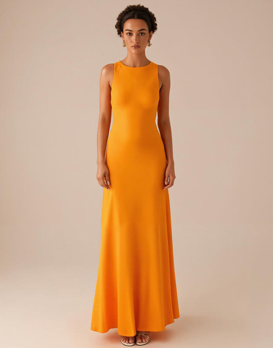 Robe longue de soirée jaune à col rond et sans manches