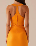 Robe longue de soirée jaune à col rond et sans manches