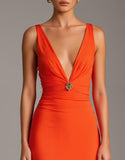 Robe de soirée fourreau à col en V profond orange