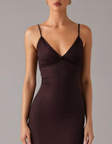 Robe formelle à bretelles spaghetti fourreau marron