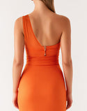 Robe formelle fourreau orange à une épaule