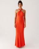 Robe formelle fourreau orange dos nu