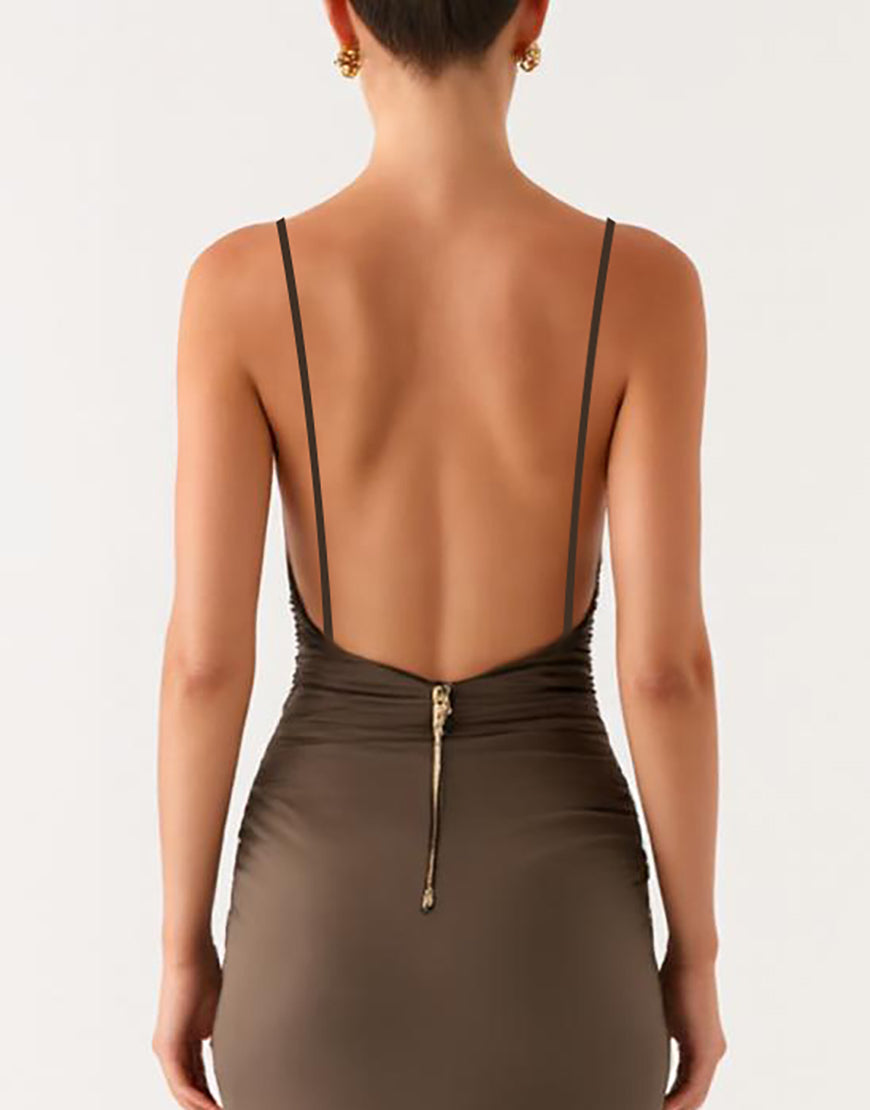 Robe formelle à bretelles spaghetti grises fourreau