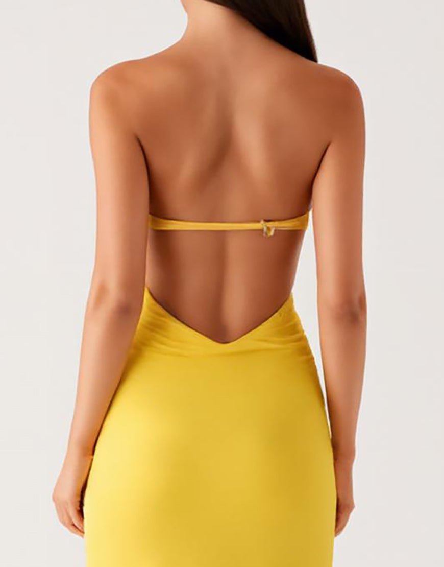 Robe formelle bustier en mousseline de soie jaune