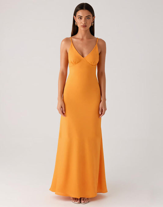Robe formelle en mousseline de soie à bretelles spaghetti jaunes